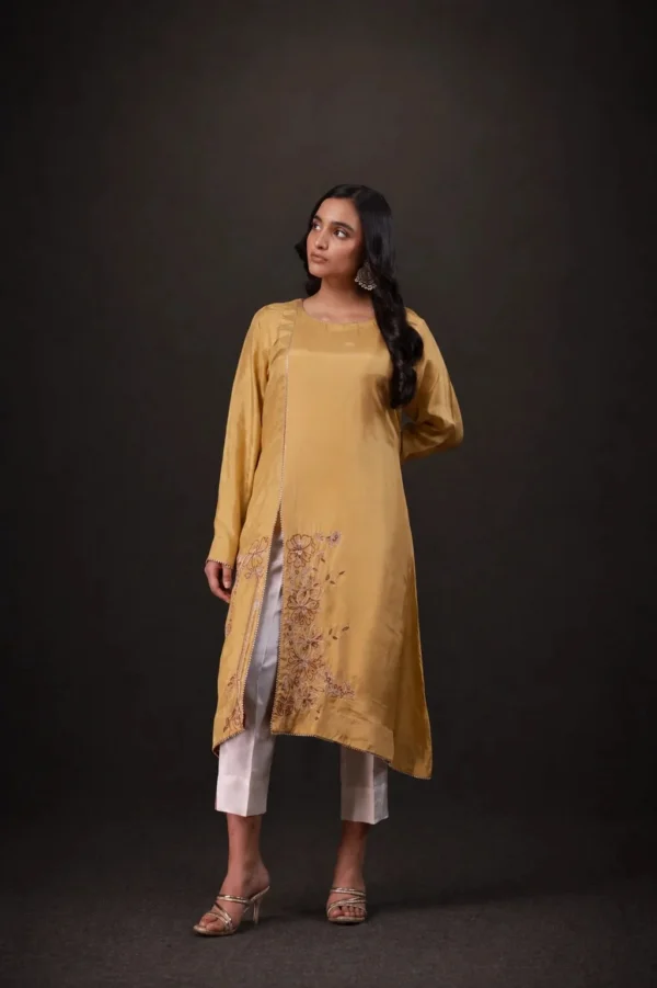 Mustard silk outfit with floral embroidery, gallery view 1 — Neeam Tale