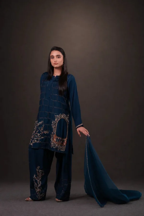 Midnight teal embroidered silk outfit, gallery view 1 — Jharoka-e-Hijr