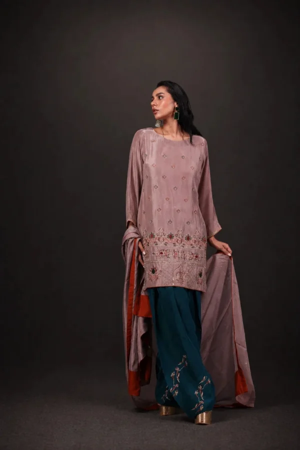 Grey and teal embroidered silk outfit, gallery view 1 — Baagh-e-Anarkali