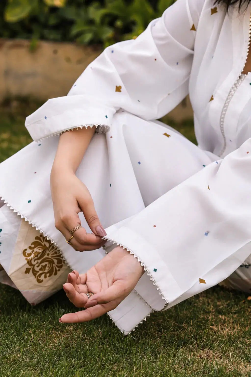 Alba cotton lawn suit — ivory long shirt with gold lace trim, scallop-border cuffs and diamond motifs, Summer Sanctuary by Sarah Tareen
