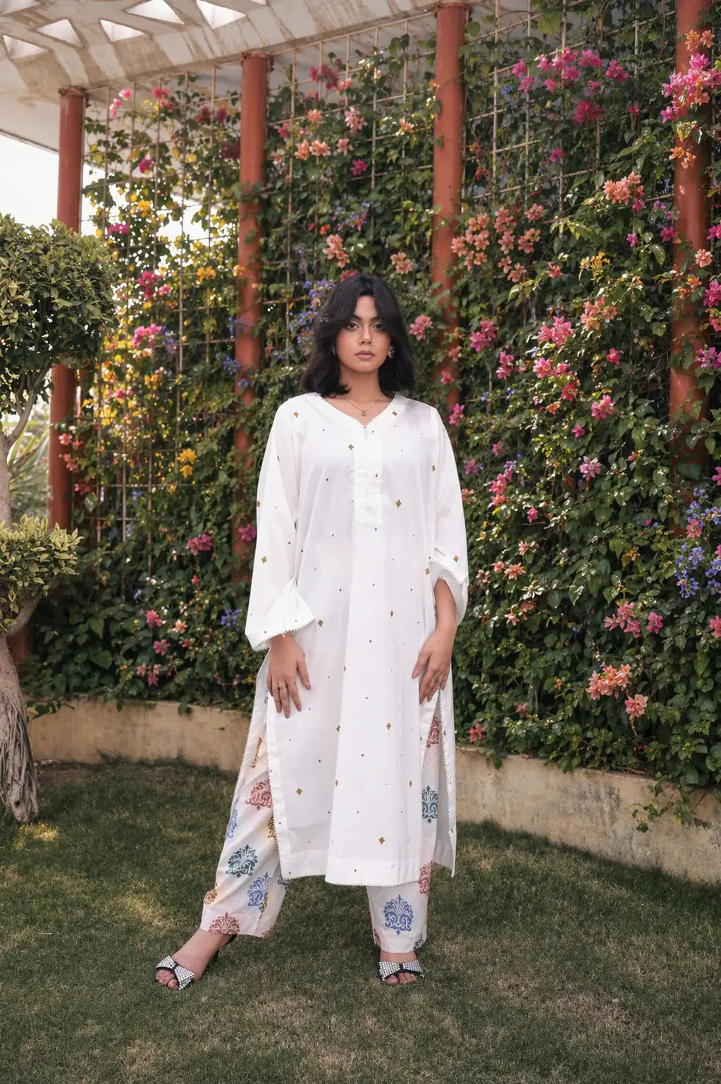 Alba lawn 2-piece — full-length view of ivory and pastel medallion print trouser with gold lace sleeve cuffs, Sarah Tareen