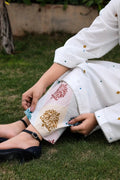 Alba cotton lawn suit — side view showing ruched neckline with dull gold lace and scattered diamond motifs, Sarah Tareen