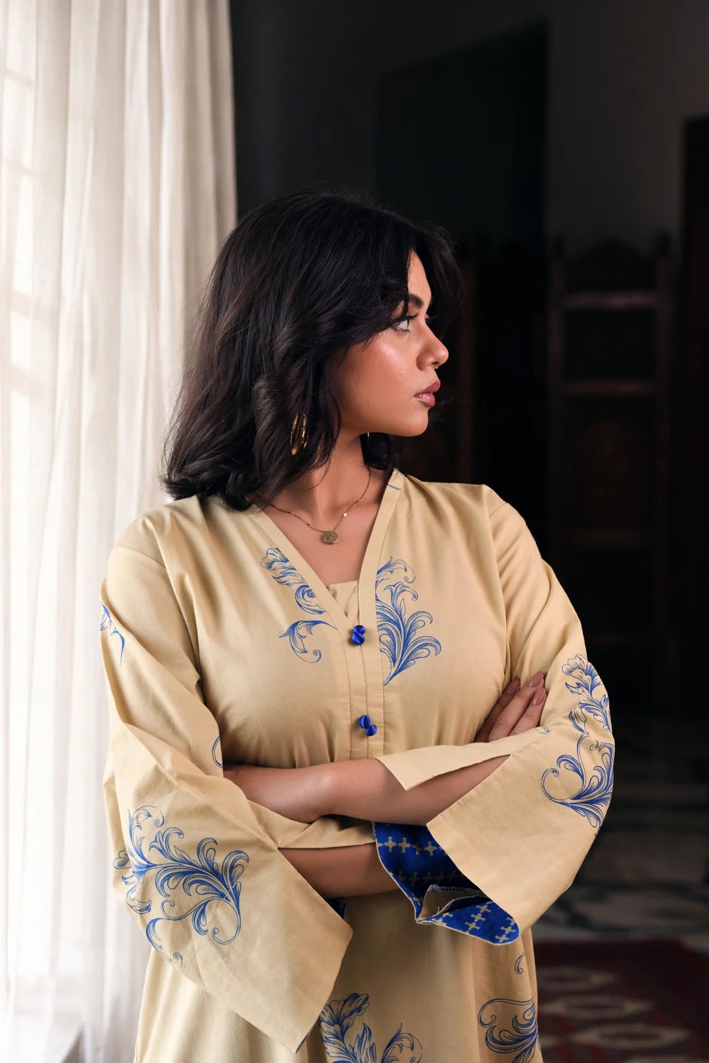 Aura cotton lawn suit — double cream shirt with scatter motifs and electric blue contrast palazzo trousers, Summer Sanctuary by Sarah Tareen