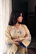 Aura lawn 2-piece — full-length view of cream and blue geometric palazzo suit, Sarah Tareen