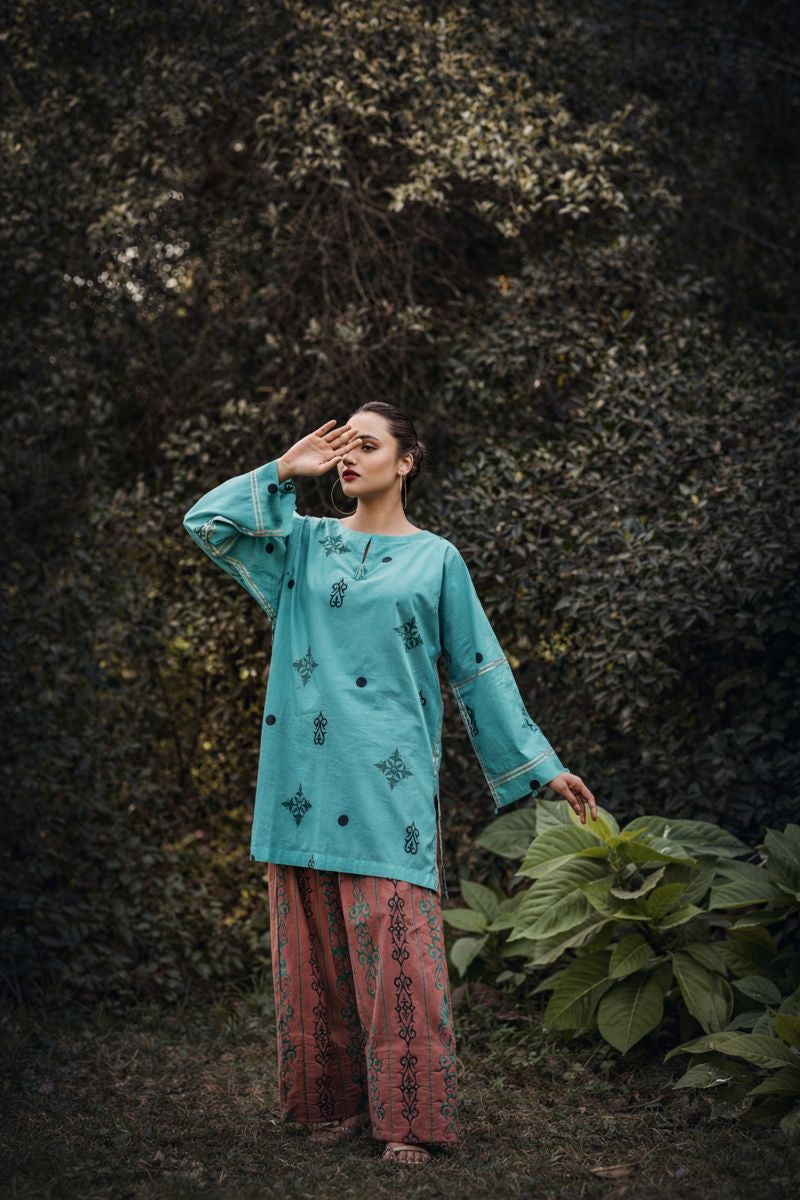 Luna cotton lawn suit — aqua, navy and dusty rose floral arch print, wide cuffed sleeves, Summer Sanctuary by Sarah Tareen