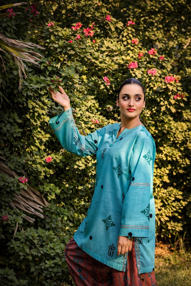 Luna cotton lawn 2-piece — floral arch print shirt with zari-striped shalwar, Summer Sanctuary by Sarah Tareen