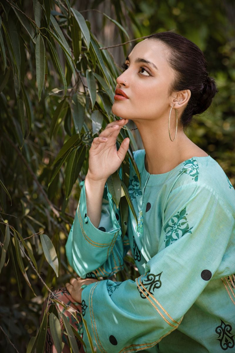 Luna cotton lawn suit — full length view in aqua floral print with navy dupatta, Summer Sanctuary by Sarah Tareen