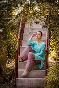 Luna lawn suit — close-up of arch motif print fabric in aqua and teal, Sarah Tareen