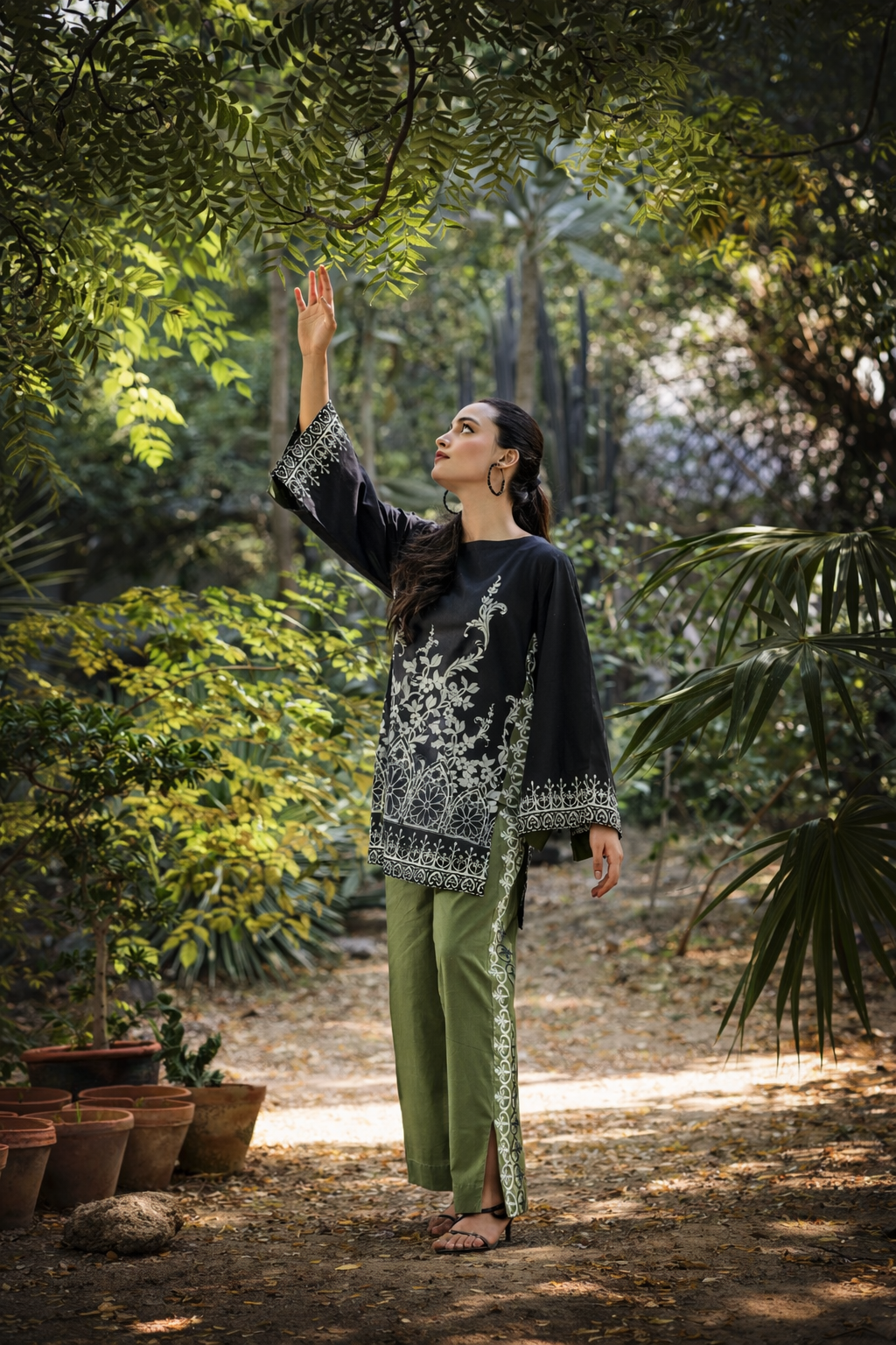 Slate lawn 2-piece — full-length view of straight-cut suit with statement border hem, Sarah Tareen