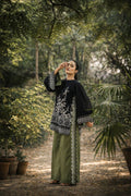 Slate cotton lawn suit — side view showing olive side stripe on straight trousers, Sarah Tareen