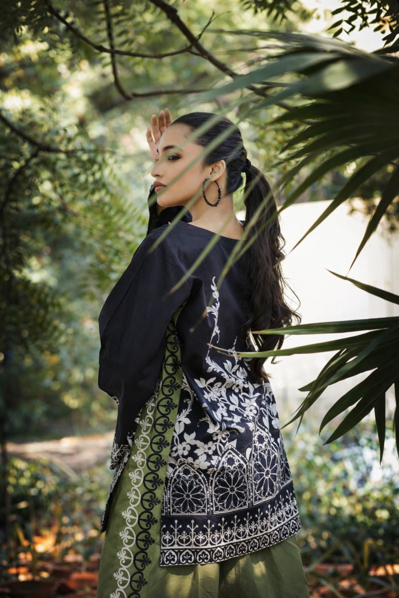 Slate cotton lawn suit — black and ivory arch-scroll print shirt with crew neckline, Summer Sanctuary by Sarah Tareen