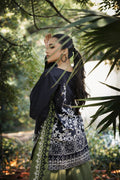 Slate cotton lawn suit — black and ivory arch-scroll print shirt with crew neckline, Summer Sanctuary by Sarah Tareen