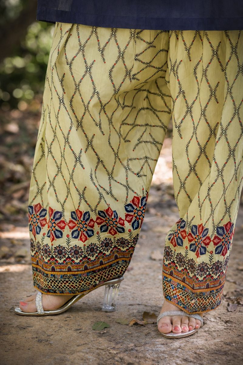Lux cotton lawn 2-piece — back view of geometric print shirt with straight lattice-print shalwar, Sarah Tareen