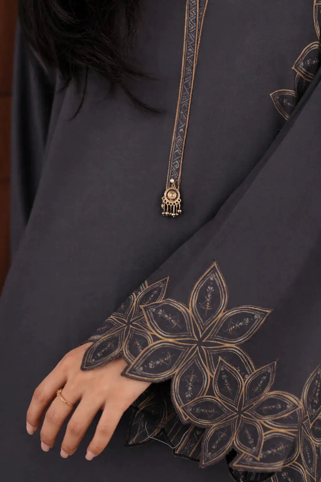 Dusk cotton lawn 3-piece — metallic black shirt with cutwork sleeves and floral embroidery, Summer Sanctuary by Sarah Tareen