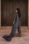 Dusk lawn 3-piece — full-length view of black and gold suit with zari-stripe shalwar and georgette dupatta, Sarah Tareen