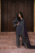 Dusk cotton lawn suit — side view showing open slit collar with brooch detail and dull gold zari accents, Sarah Tareen