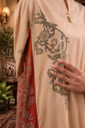 Ember cotton lawn suit — camel, rust and black scroll print shirt with pearl brooch and contrast side panels, Summer Sanctuary by Sarah Tareen