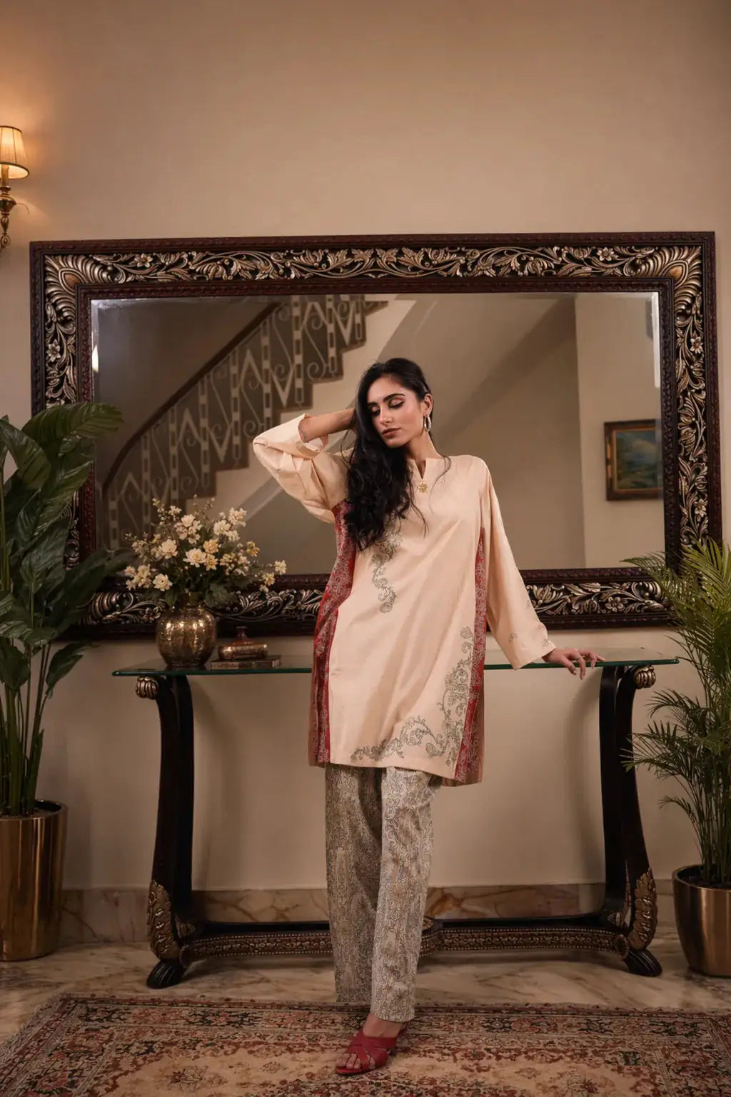 Ember lawn 2-piece — full-length view of wide-leg baroque print trouser with contrast side panel hem, Sarah Tareen