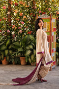 Forte lawn 3-piece suit — full-length view of sand and ivory print suit with contrast dupatta, Sarah Tareen