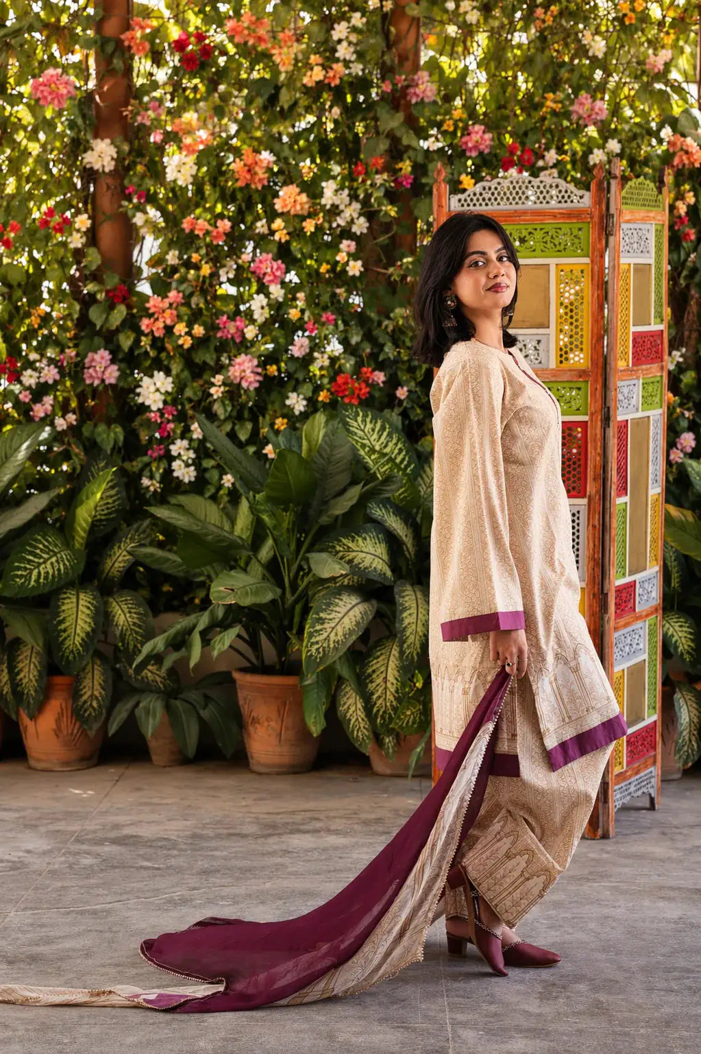 Forte lawn 3-piece suit — full-length view of sand and ivory print suit with contrast dupatta, Sarah Tareen