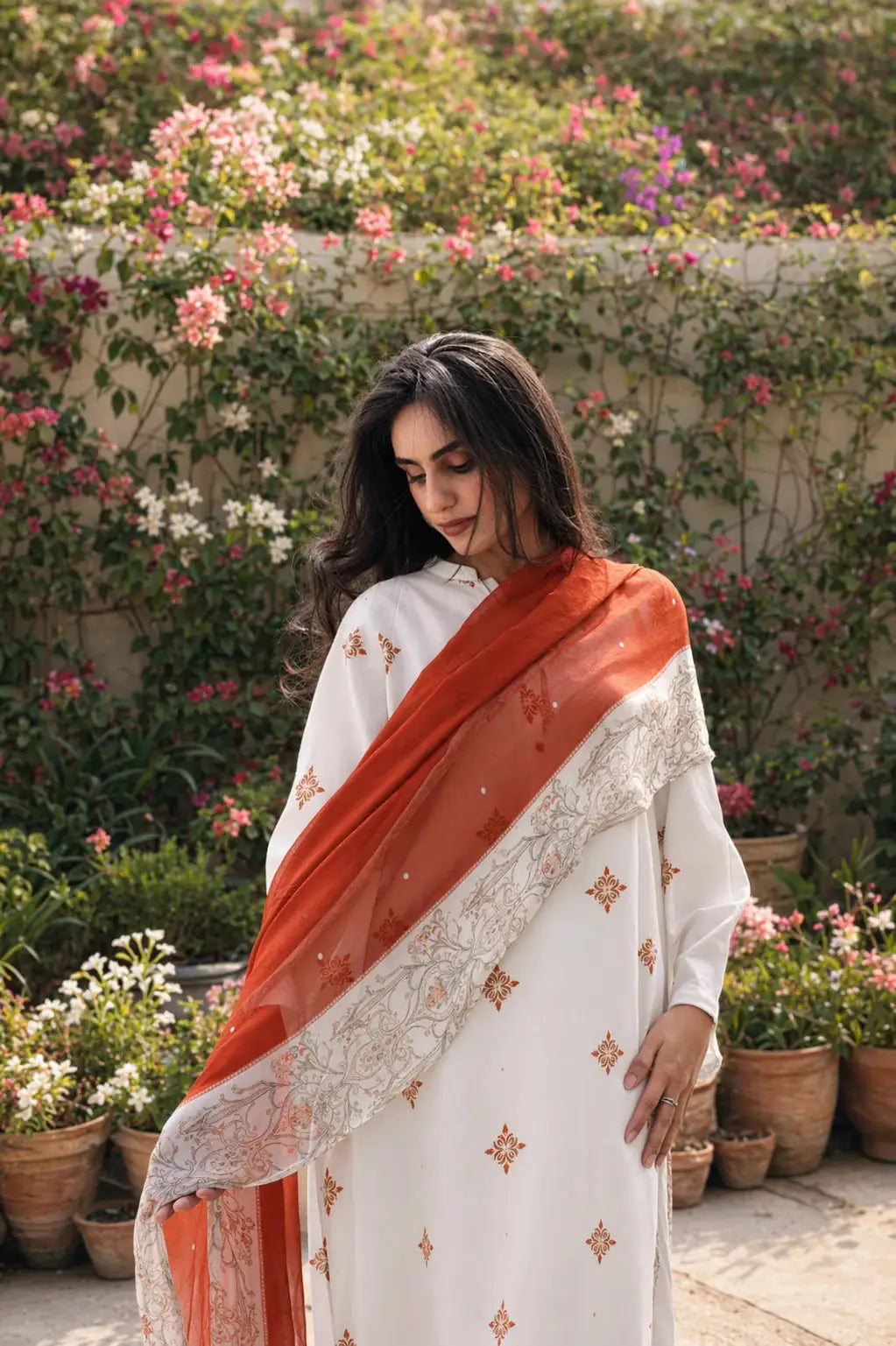 Vale cotton lawn 3-piece — cream, rust and brown full-length shirt with tassel collar and wide-leg trousers, Summer Sanctuary by Sarah Tareen
