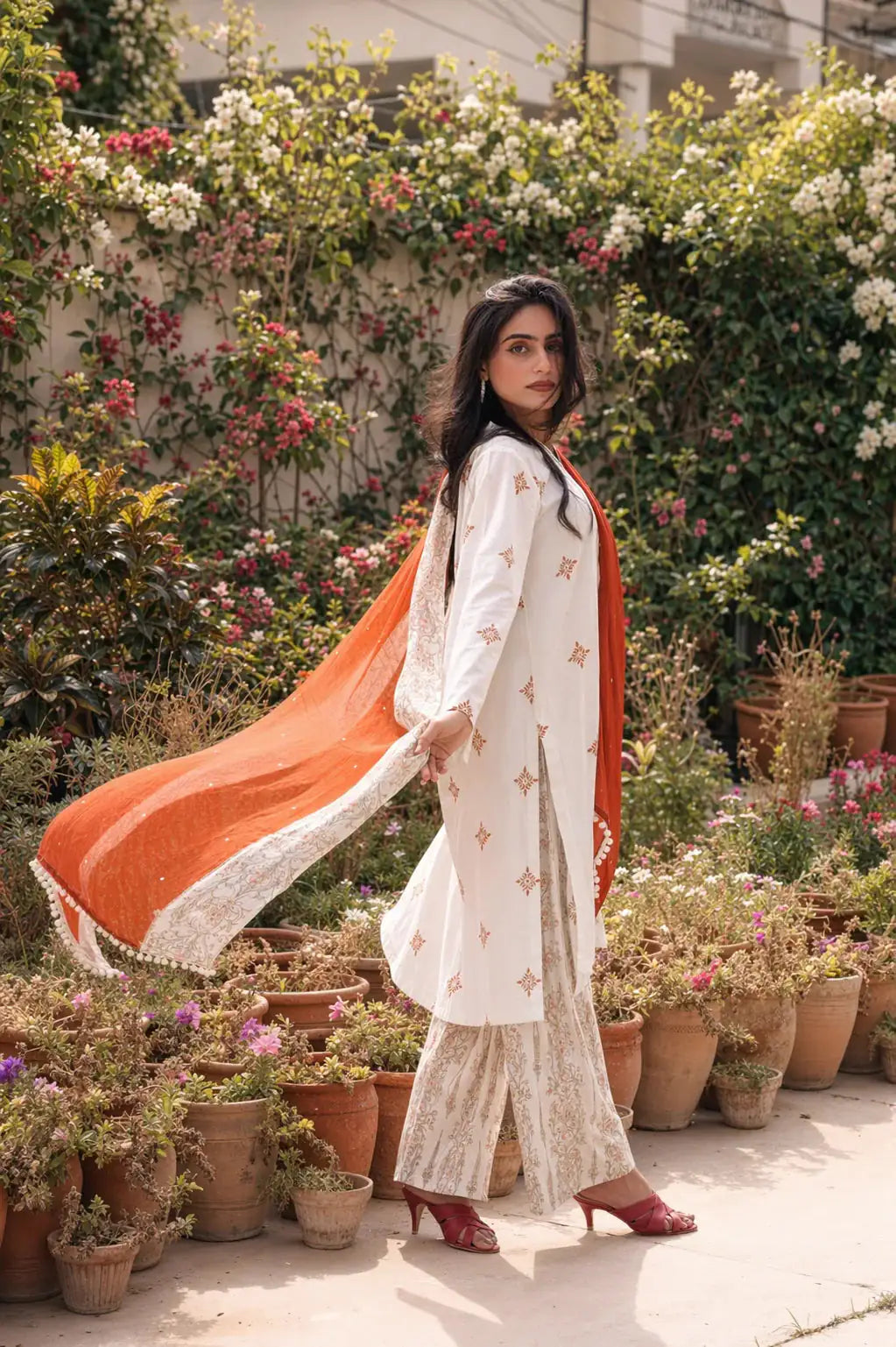 Vale lawn suit — full-length view of printed tassel-collar shirt with contrast georgette dupatta, Sarah Tareen