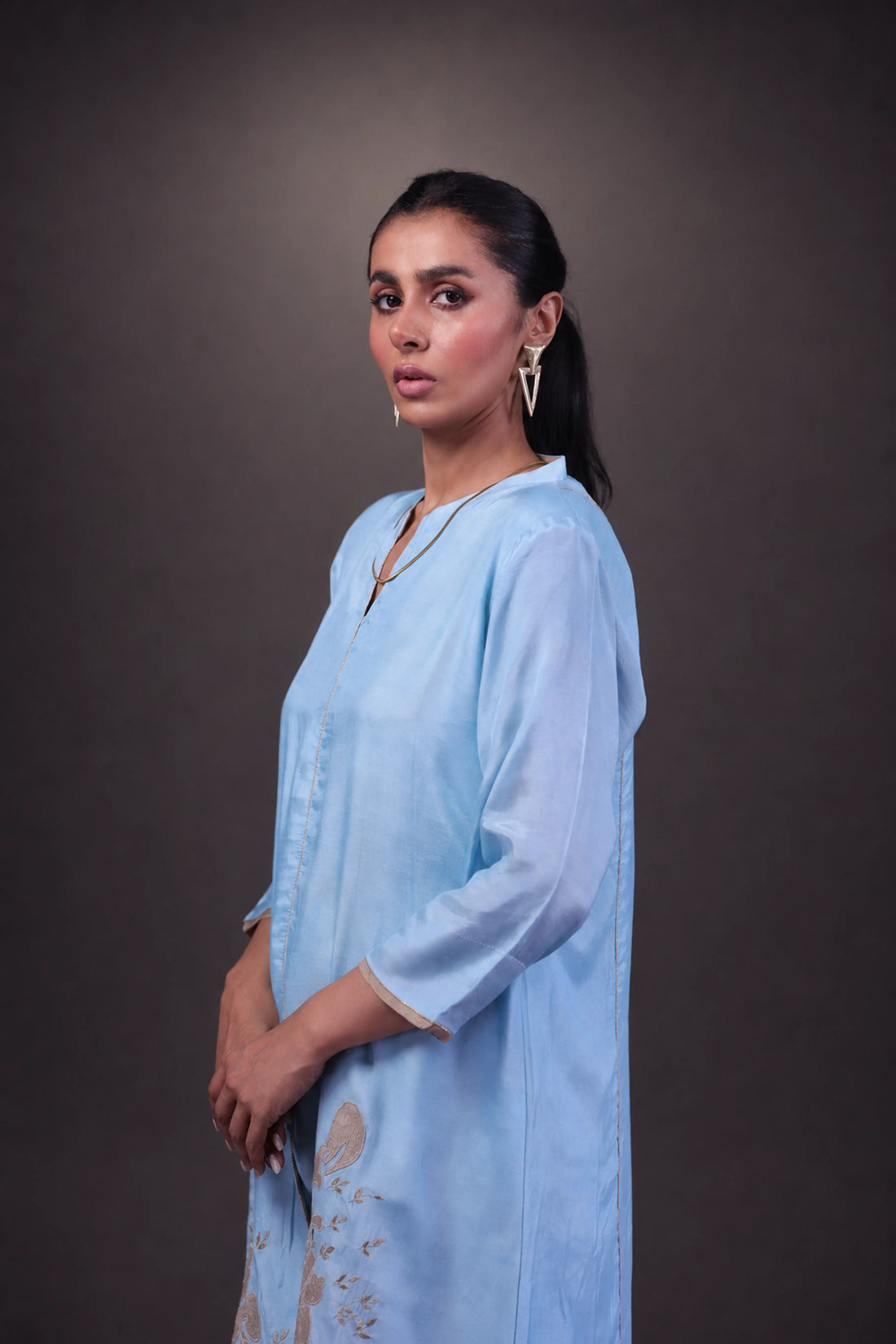 Mehek-e-Khayaal - Sky blue luxury silk 2-piece | Appliqué & tilla dori | Skirt-style trousers