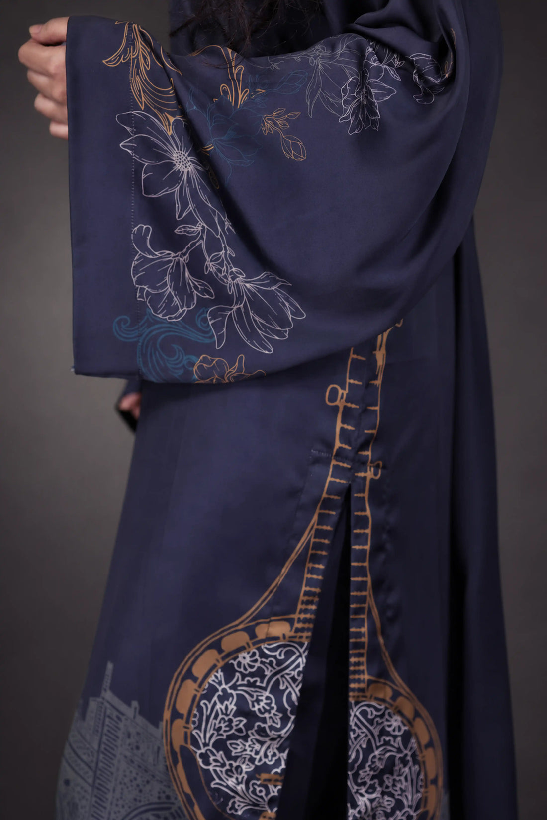 Raag-e-Tansen - Deep sea blue luxury silk 2-piece | Digital print | Rabab & era motifs | Long shirt with straight pant