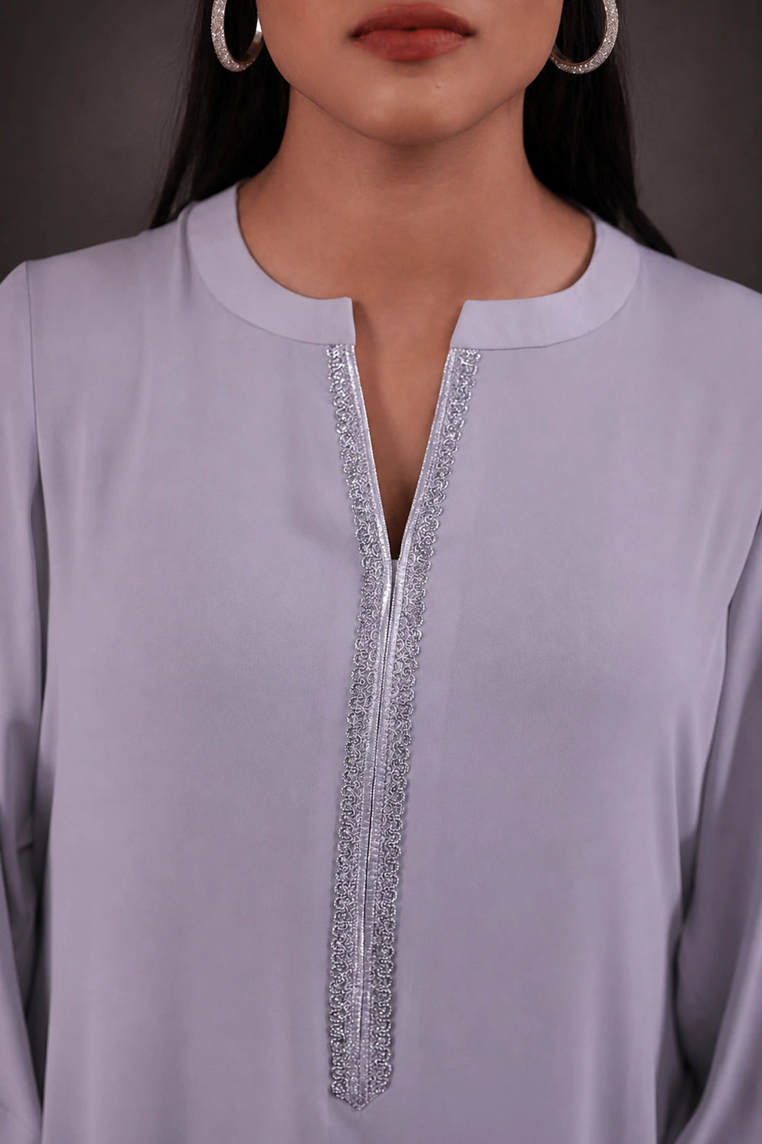 Khamosh Phool - Ash grey luxury silk 2-piece | Appliqué flower | Silver lace detailing