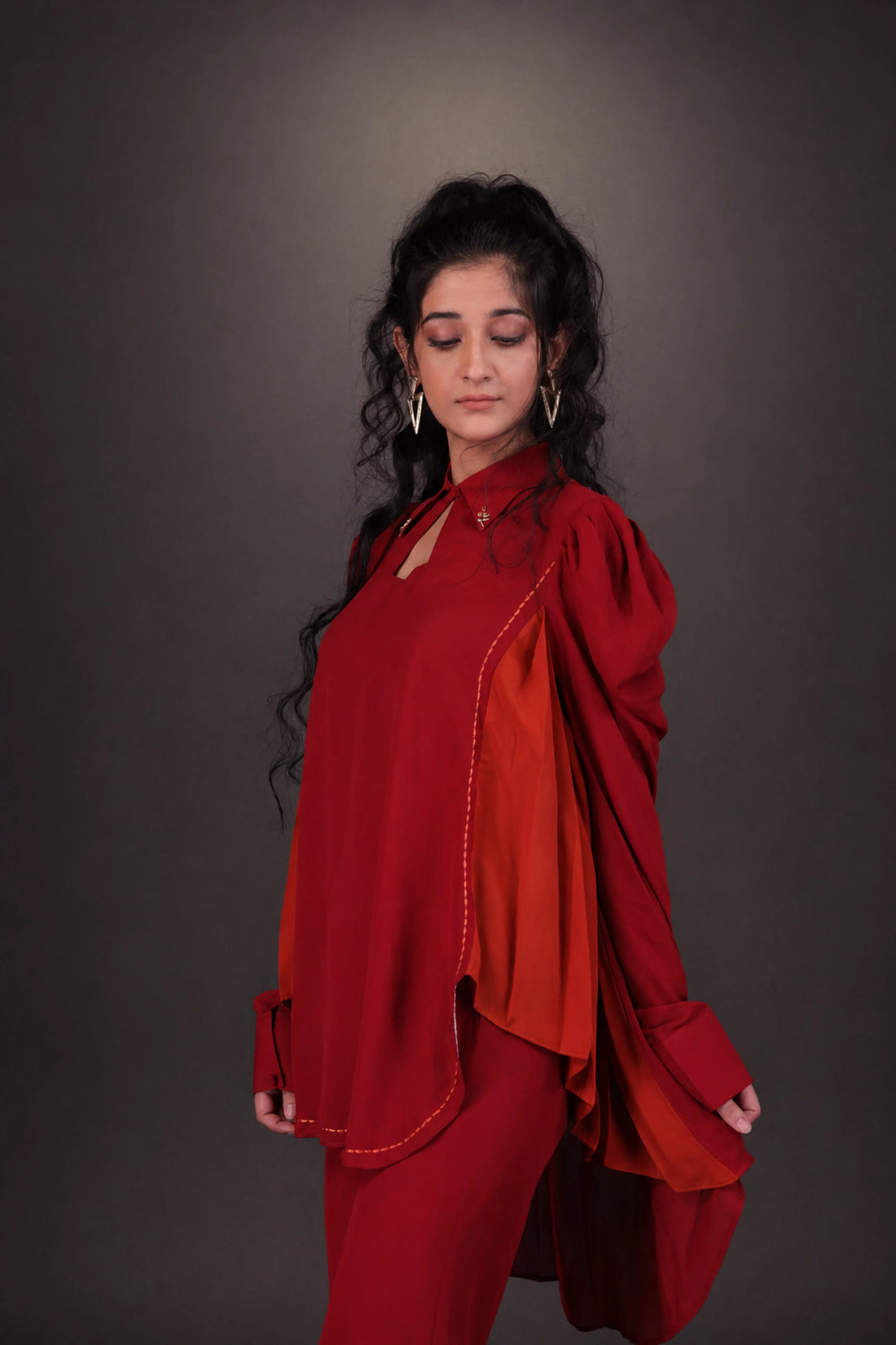 Laal Nishaat - Rich red luxury silk 2-piece | Kantha stitch embroidery | Structured collar with metal embellishments