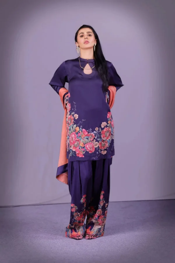 Deep purple and tangerine floral silk outfit, gallery view 1 — Rang