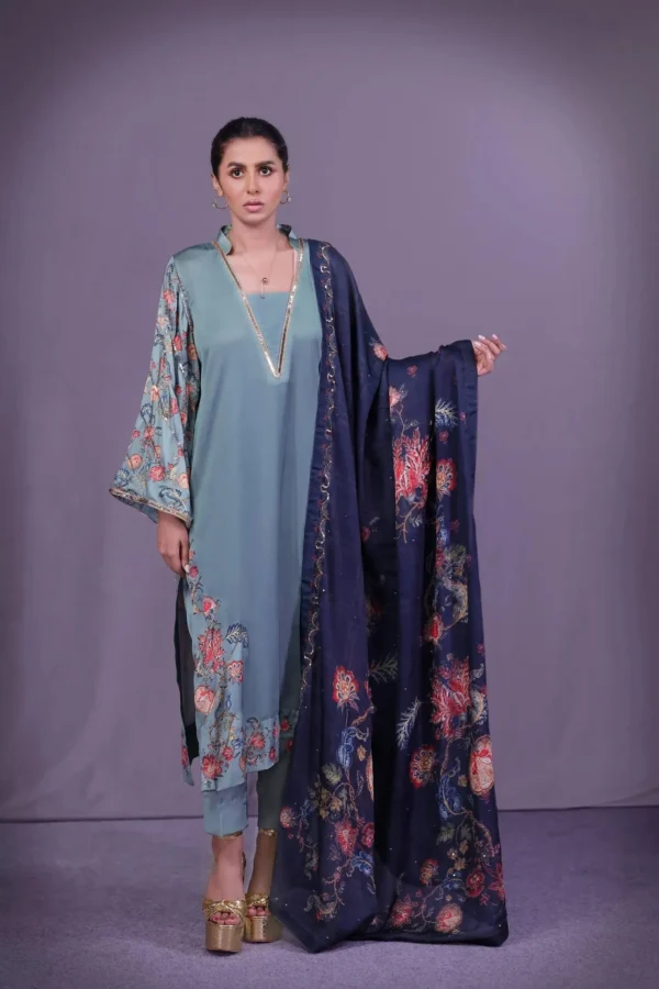 Sage green and midnight blue embroidered silk outfit, gallery view 1 — Mohabbat