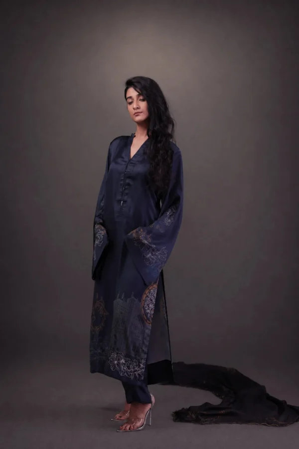 Model in dark navy floral printed outfit — Raag-e-Tansen